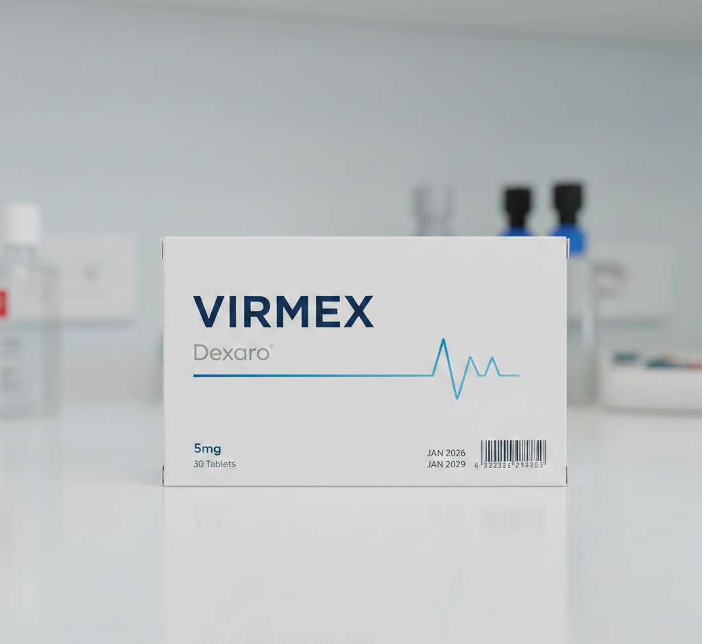 Professzionális Virmex étrend-kiegészítő doboz fehér háttéren, tiszta modern design, kék és réz színű címke, egészségügyi termék megjelenés, magas minőségű termékfotó stílusban